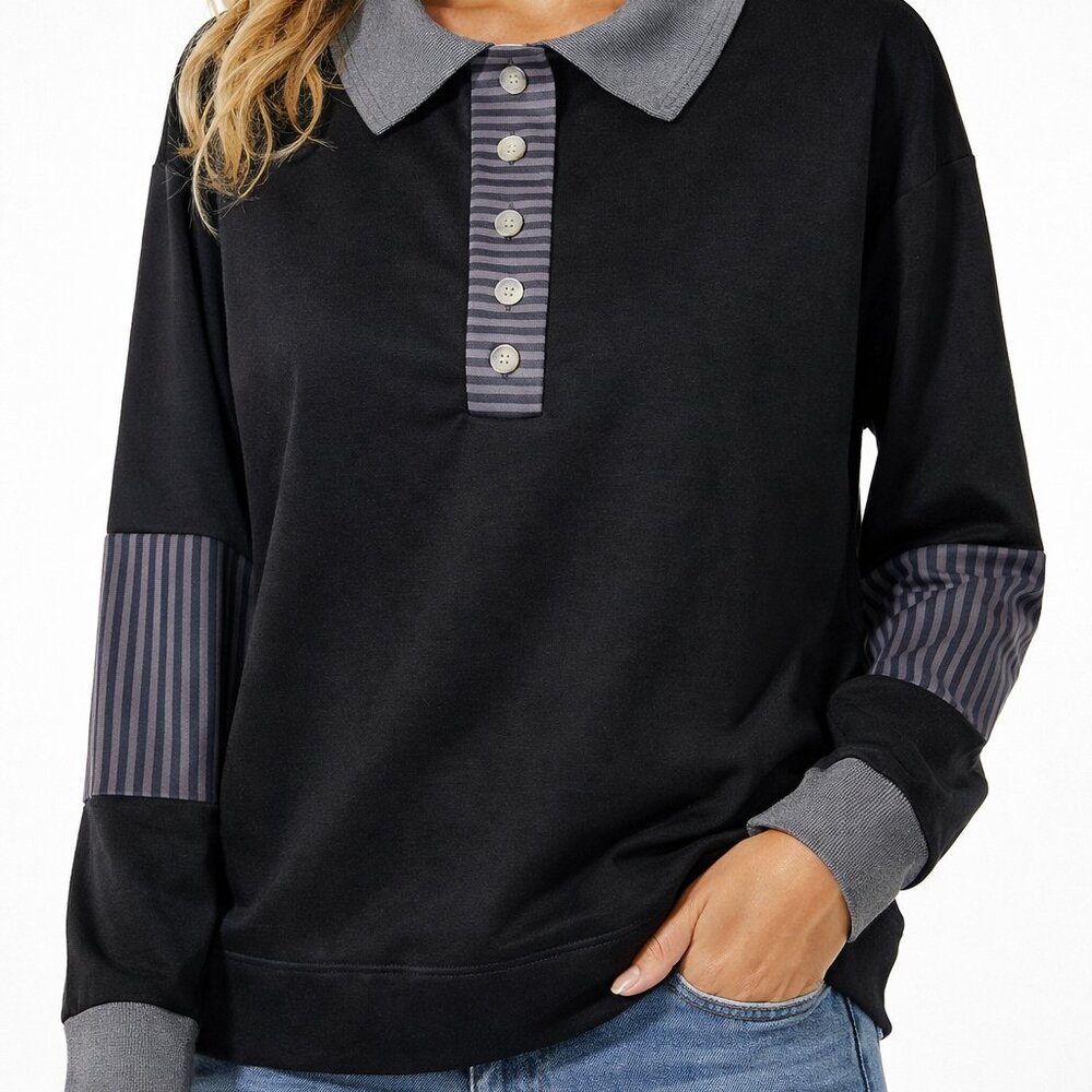 *NWT* Zeagoo Polo Sweatshirt Womens M Black Gray Striped Accent Long‎ Sleeve
